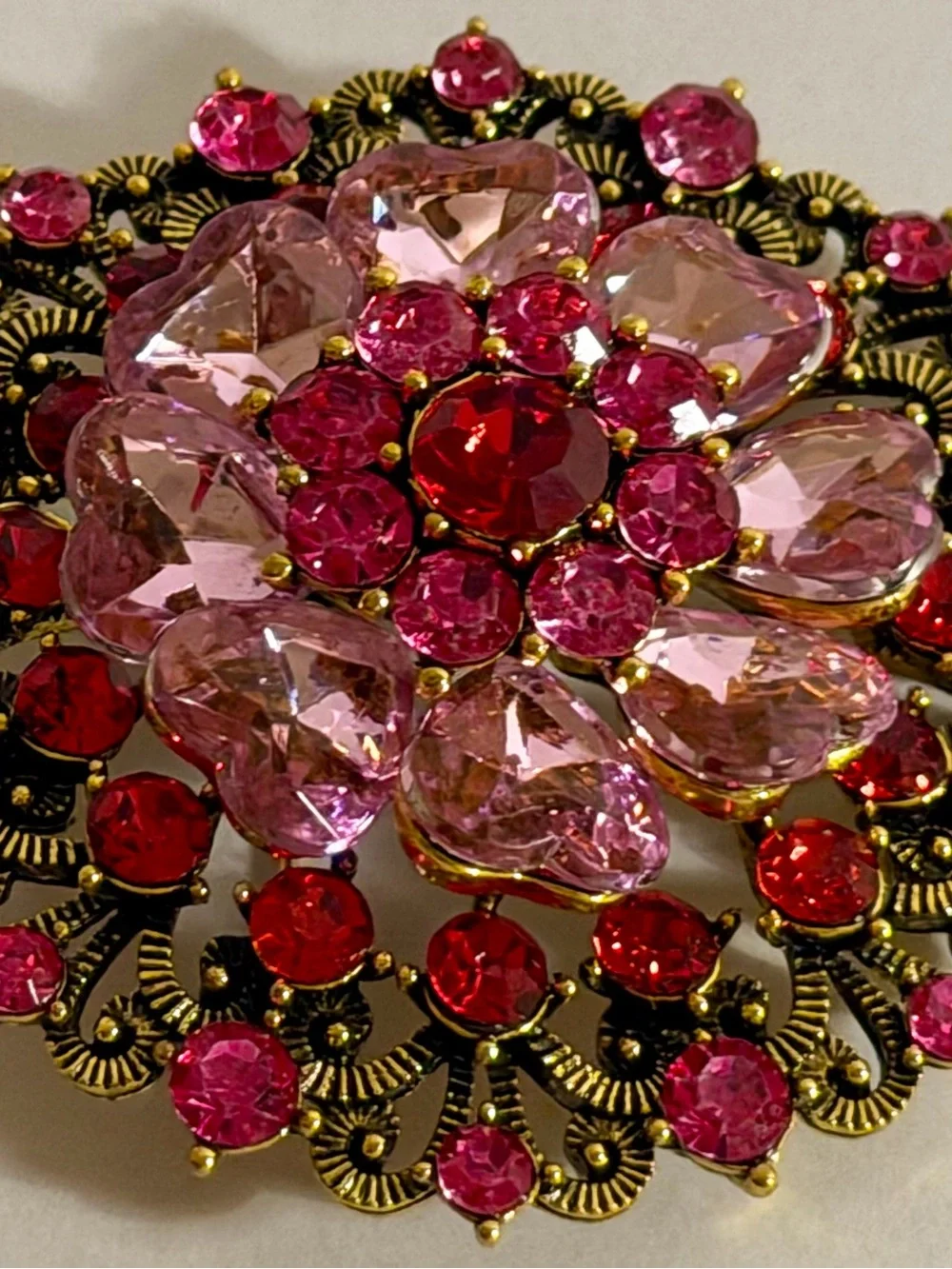 Vintage Style Pink Red Rhinestone Flower Brooch Gold Tone Filigree Statement Pin